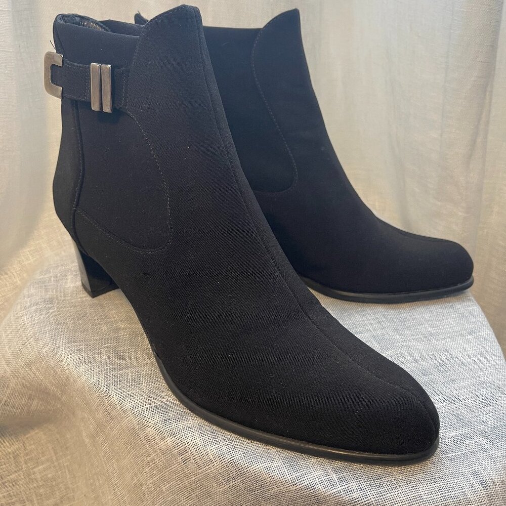 Stuart Weisman Black Gortex Booties with buckle, size 10